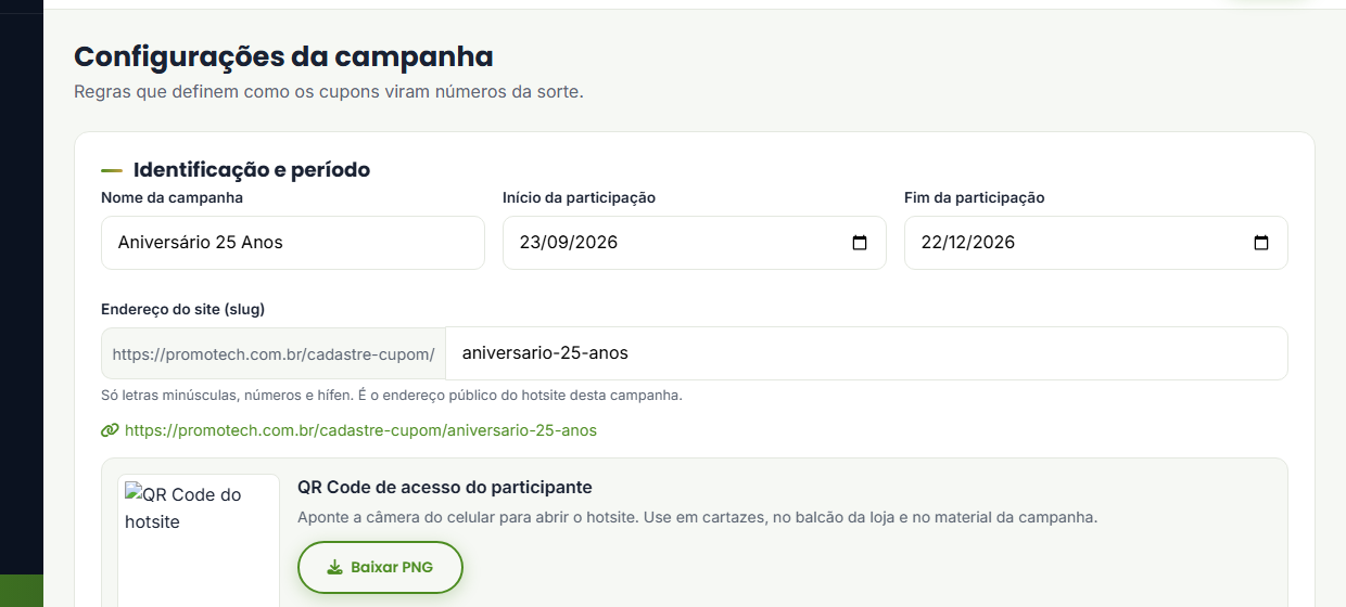 Configurações da campanha: identificação, período e modelo
