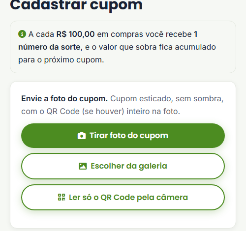 Cadastrar cupom: tirar foto, galeria ou QR Code