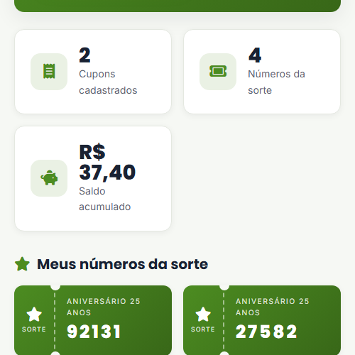 Meus números da sorte: 2 cupons, 4 números, saldo acumulado