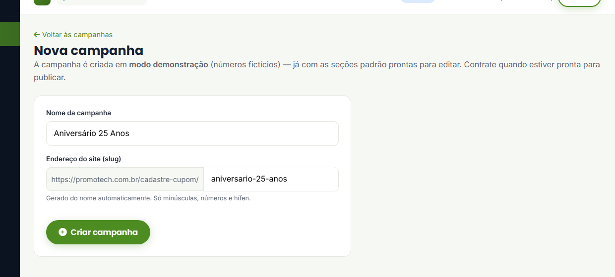 Nova campanha: nome e endereço do site